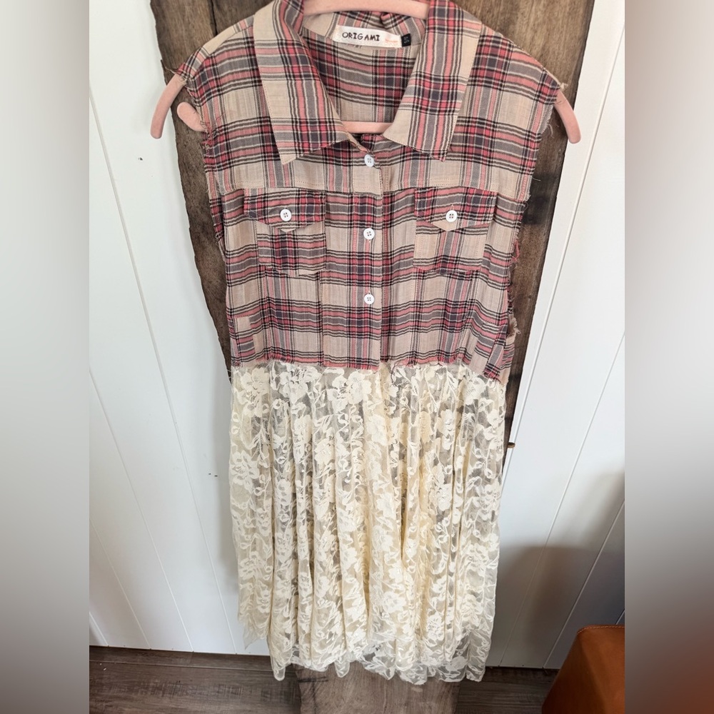 Plaid Lace Duster Vest Dress Sleeveless Button Down  Western Cowgirl Boho layer